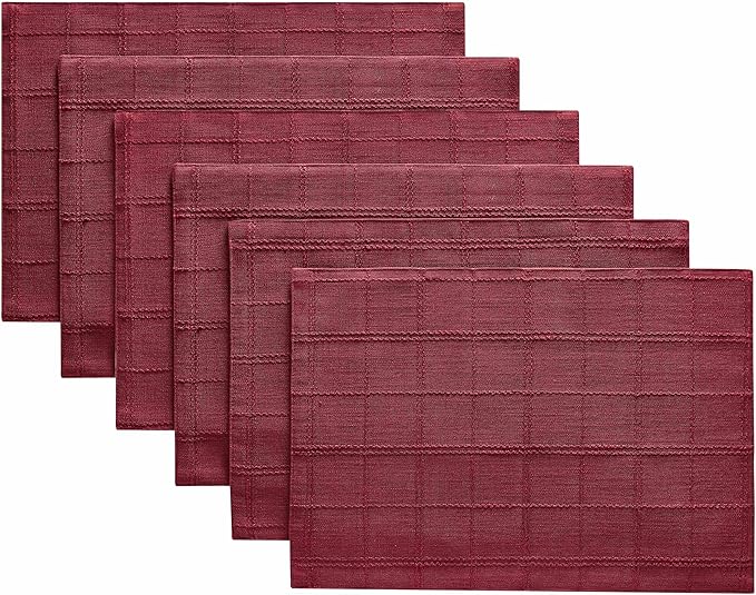 ZeeMart Linen Checked Placemats Set of 6, Plaid Embroidery Textured Table Mats, Double Layer Thick Farmhouse Rustic Place Mats for Kitchen Dining Table Home Decor, Burgundy 13x19 Inch