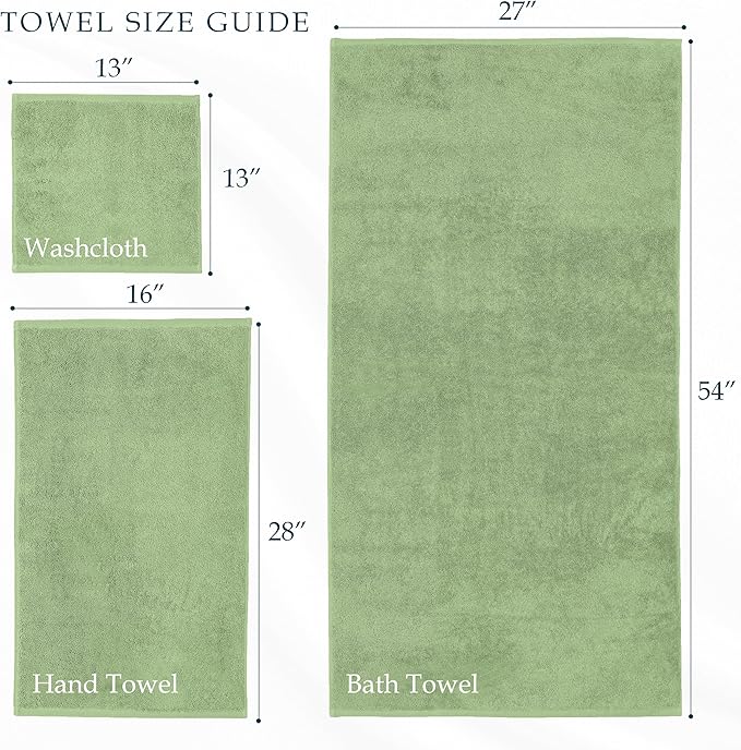 Mocassi Luxury 100% Turkish Cotton 6-Piece Towel Set - Ultra Soft, Quick Dry Highly Absorbent Premium Spa Hotel Quality Bath Towels, Includes 2 Bath Towels, 2 Hand Towels and 2 Washcloths, Sage