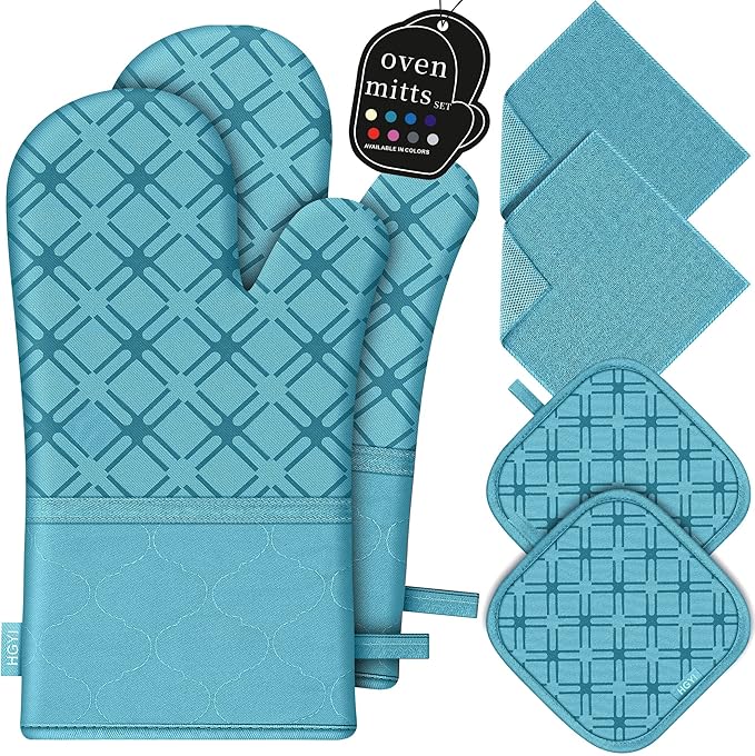 Oven Mitts and Pot Holders Set with Dishcloths, 500 Degree Heat Resistant Oven Gloves and Hot Pads, Premium Soft Cotton Kitchen Mittens and Dish Cloth Sets-Lake Blue