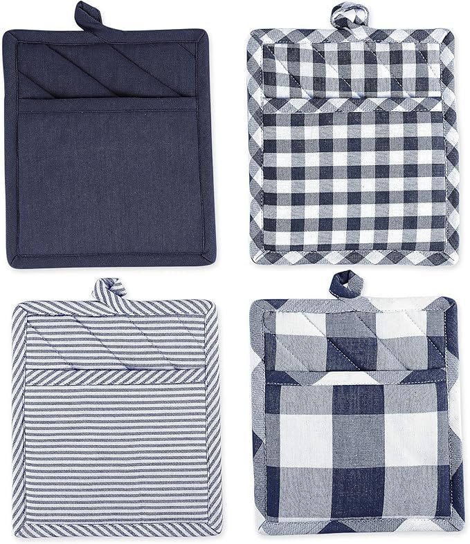 DII Gingham Check Kitchen Collection, Navy, Potholder Set