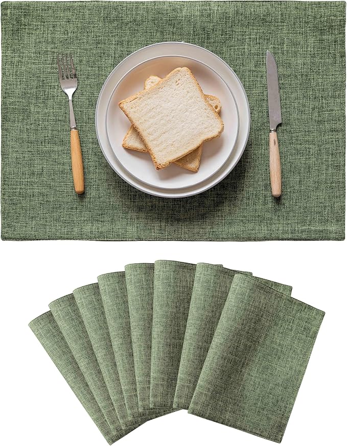 Home Brilliant Spring Linen Cloth Placemats Set of 8 Heat Resistant Dining Table Place Mats Table Mat Kitchen for Wedding Holiday Parties Decor, Green