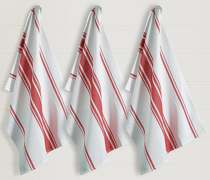 Kitchen Towels Set – Pack of 3 (20’’ x 30’’) Extra Large Premium Cotton Dish Towels for Kitchen – Super Striped Towels – Absorbent – 100% Cotton – Hanging Loop – Red