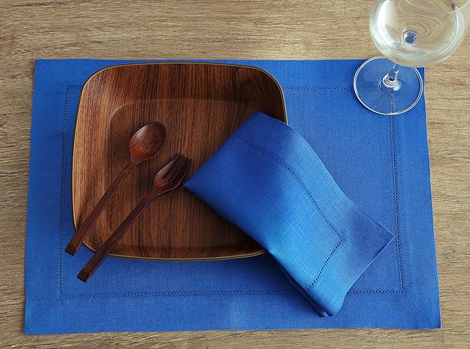 Solino Home Linen Placemats Set of 4 - Classic Hemstitch Royal Blue Placemats 14 x 19 Inch - 100% Pure Linen Table Mats for Spring, Summer