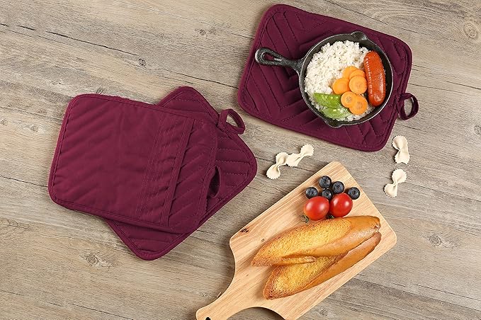 Oven Pot Holder with Pocket Cotton Heat Resistant Coaster Potholder Kitchen Hot Pad Oven Mitts for Cooking Square 7"x9"Set of 5 (Burgundy red, 5)
