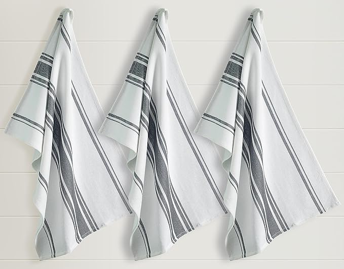 Kitchen Towels Set – Pack of 3 (20’’ x 30’’) Extra Large Premium Cotton Dish Towels for Kitchen – Super Striped Towels – Absorbent – 100% Cotton – with Hanging Loop – Dark Grey