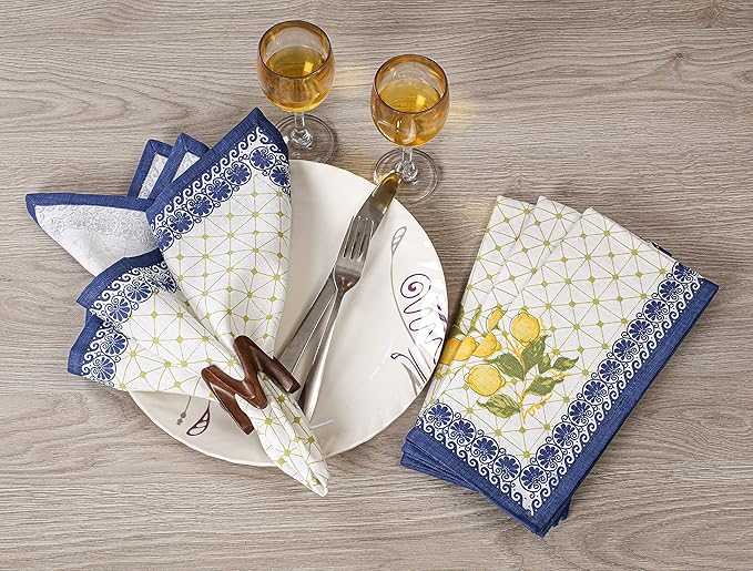 FINGERCRAFT Cloth Napkins, Set of 4 Cotton Linen Blend Printed Dinner Napkins Cloth Mitered Corner Perfect for Parties Dinners Weddings Cocktail Christmas Easter 20x20 Lemon Leaf