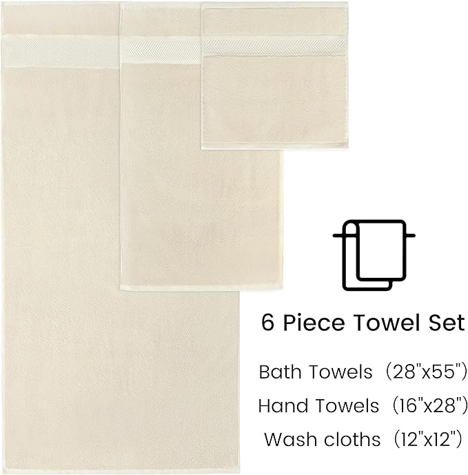 Simple&Opulence Premium 100% Cotton Towel Set - 6 Piece Soft Absorbent Set for Bathroom, Hotel and Spa - 2 Bath Towels 28"x55", 2 Hand Towels 16"x28" & 2 Washcloths 12"x12" (Ivory)