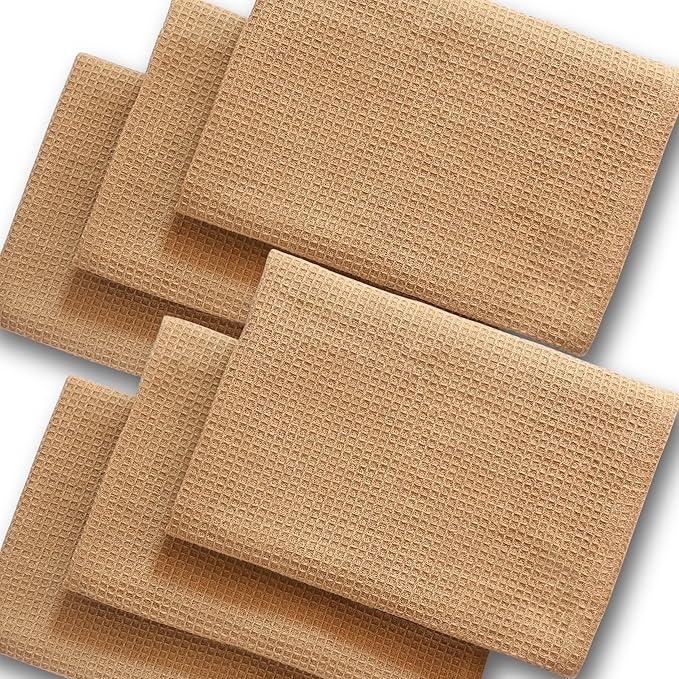Highly Absorbent Cotton Dish Towels for Drying - Set of 6 Beige Kitchen Towels - 18"X28" Lint Free Waffle Weave Cloth Linen Hand Bathroom Bulk Dishtowels