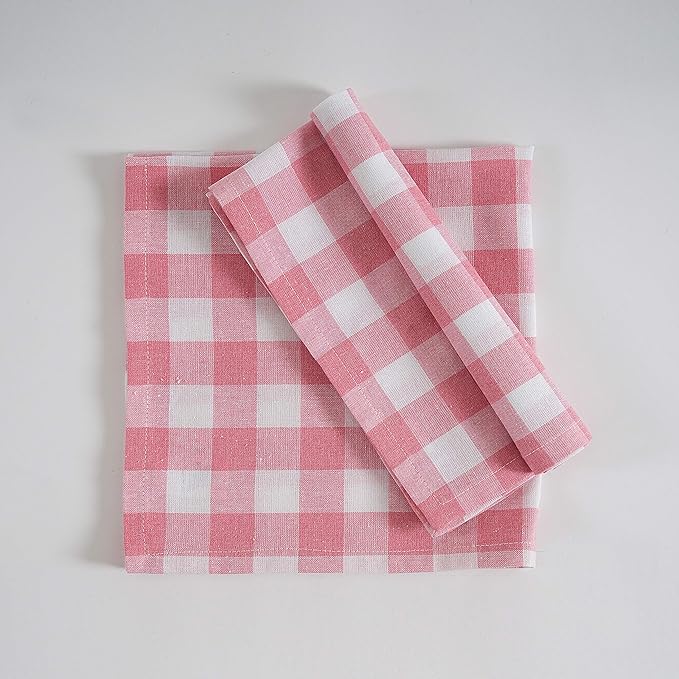 FINGERCRAFT Cloth Napkins, Everyday Use, Premium Quality, Cotton Buffalo Plaid, Set of 12, 20X20 Inch Oversized Napkins Cloth Mitered Corners, Soft, Durable Hotel Quality Pink White Checkered