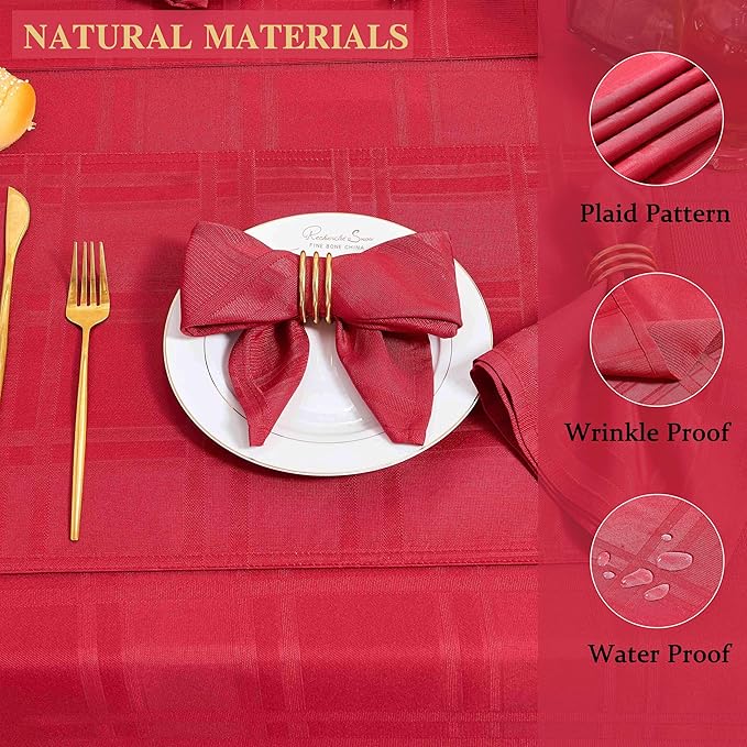 Plaid Cloth Napkins Set of 8, Checkered Style Jacquard Fabric Polyester Washable Reusable Cloth Napkins for Kitchen Dining Restaurants Wedding Party 17X17 Inch Red
