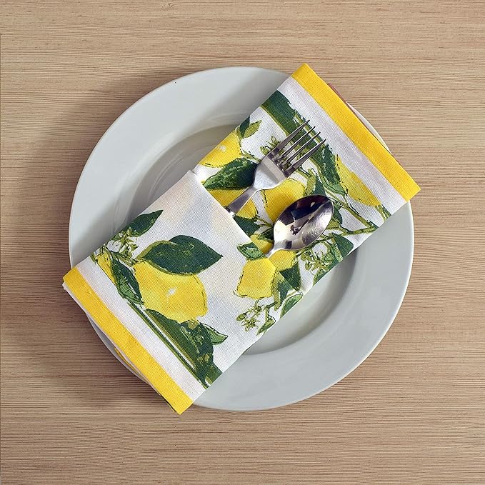 FINGERCRAFT Cloth Napkins, Set of 12 Cotton Linen Blend Printed Dinner Napkins Cloth Mitered Corner Perfect for Parties Dinners Weddings Cocktail Christmas Easter 20x20 Lemon Print