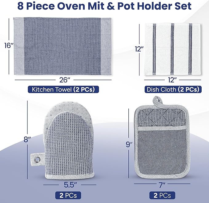 Casa Platino Mini Oven Mitts Set, 8-Piece – 500°F Heat Resistant Silicone Oven Mitt, Potholders for Kitchens, 2 Kitchen Towels & 2 Dish Cloths – Non-Slip & Durable – Indigo