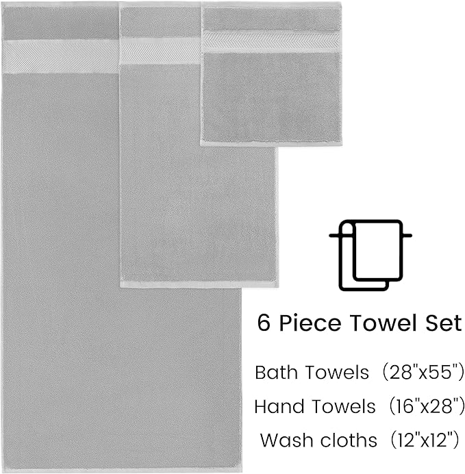 Simple&Opulence Premium 100% Cotton Towel Set 6 Piece，Soft Absorbent Towels for Bathroom,Hotel and Spa,2 Bath Towels 28"x55" 2 Hand Towels 16"x28" & 2 Washcloths 12"x12" (Light Grey)