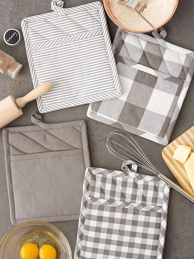 DII Gingham Check Kitchen Collection, Gray, Potholder Set