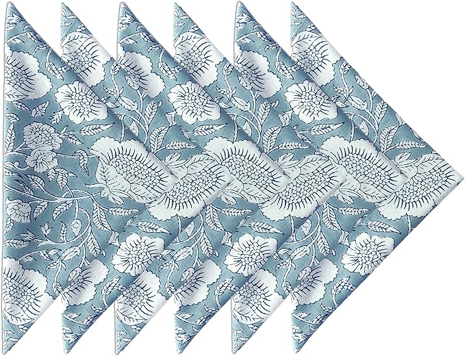 Soft Cotton Napkins 18x18 inches - Washable Thin Cloth Dinner Napkins Set of 6 - Everyday Use or Dinner Party and Events - Greyish Blue Floral Lightweight Indian Block Print Soft Fabric by Craftbot