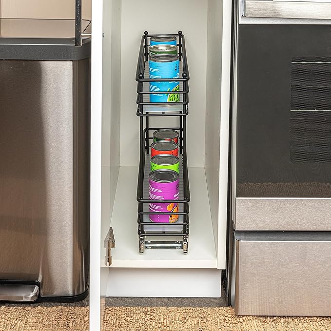 Household Essentials Glidez Multipurpose Paint-Finished Steel Pull-Out/Slide-Out Storage Organizer with Plastic Liners for Under Cabinet Use - 2-Tier Design, Black
