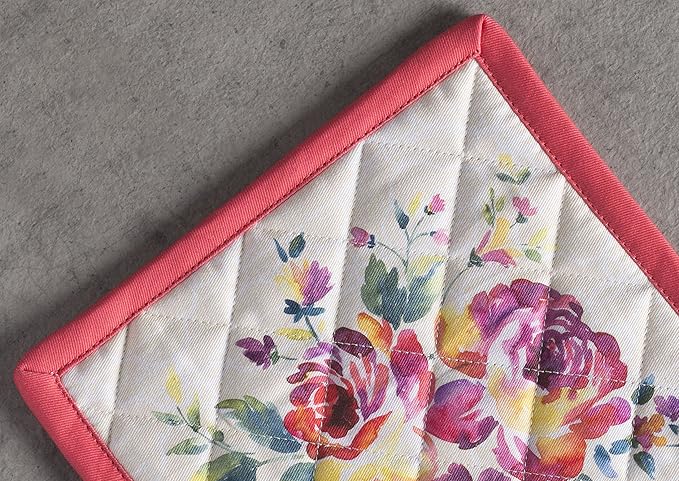 Maison d' Hermine Pot Holders 100% Cotton Heat Resistant Potholders 8" x 8" Hot Pads with Loop BBQ Cooking Baking Gifts for Mothers Day Handling Hot Pans Spring/Summer (Pack of 1, Rose Garden)