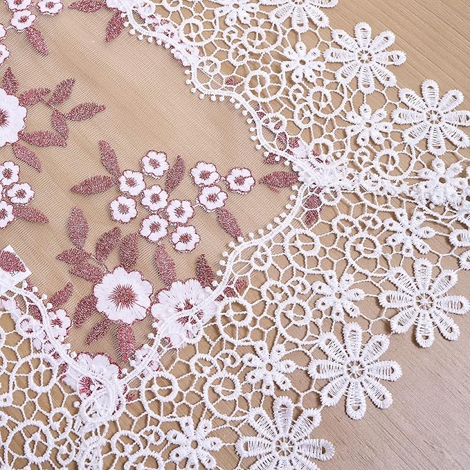 White Dark Red Silver Floral Lace Placemats 14”x20” Set of 2, Table Topper Dresser Scarf Place Mats (Set of 2, White & Dark Red)
