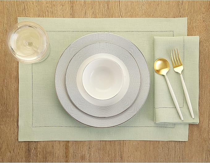 Solino Home Linen Placemats Set of 4 - Classic Hemstitch Sage Green Placemats 14 x 19 Inch - 100% Pure Linen Table Mats for Spring, Summer, Mothers Day