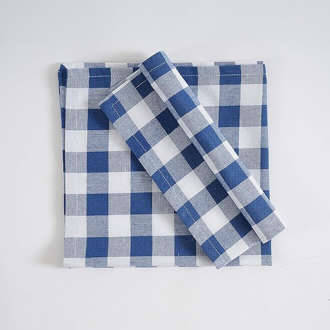 FINGERCRAFT Cloth Napkins, Everyday Use, Premium Quality, Cotton Buffalo Plaid, Set of 12, 20X20 Inch Oversized Napkins Cloth Mitered Corners, Soft, Durable Hotel Quality Blue White Checkered