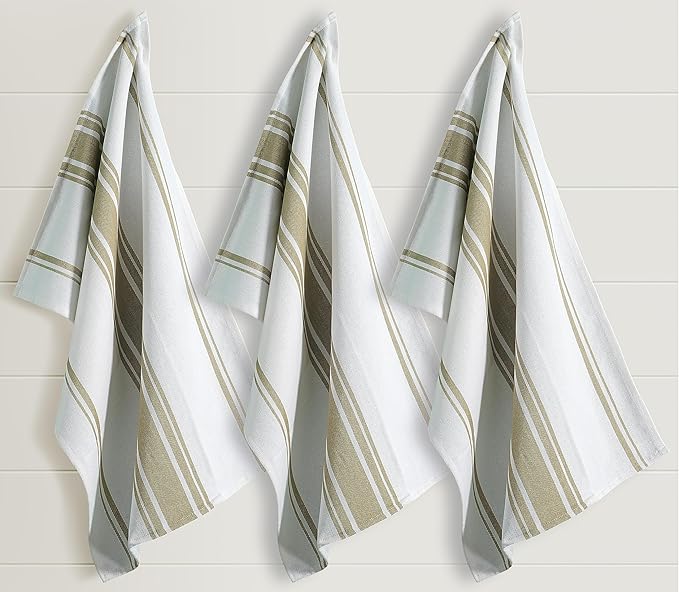 Kitchen Towels Set – Pack of 3 (20’’ x 30’’) Extra Large Premium Cotton Dish Towels for Kitchen – Super Striped Towels – Absorbent – 100% Cotton – with Hanging Loop – Taupe