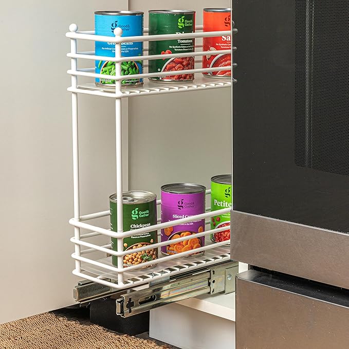 Household Essentials Glidez Paint-Finished Steel Pull-Out/Slide-Out Basket Storage Organizer with Plastic Liners for Under Cabinet Use - 2-Tier Design - Fits Standard Size Cabinet or Shelf, White