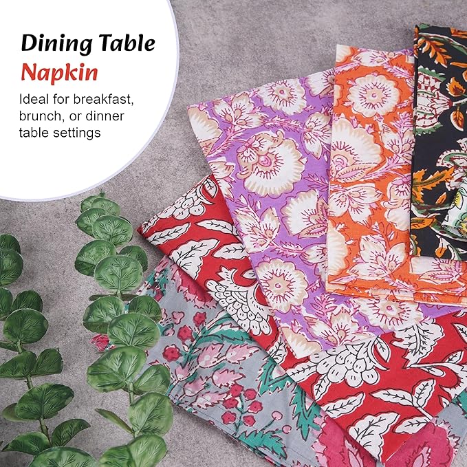 Cotton Marubhumi 10 Pc Cotton Cloth Napkins- Hand Block Print, Eco-Friendly, Dinner Napkins, Floral,Hand Made Size 16x16 Inch Printed Home Decor Multicolored