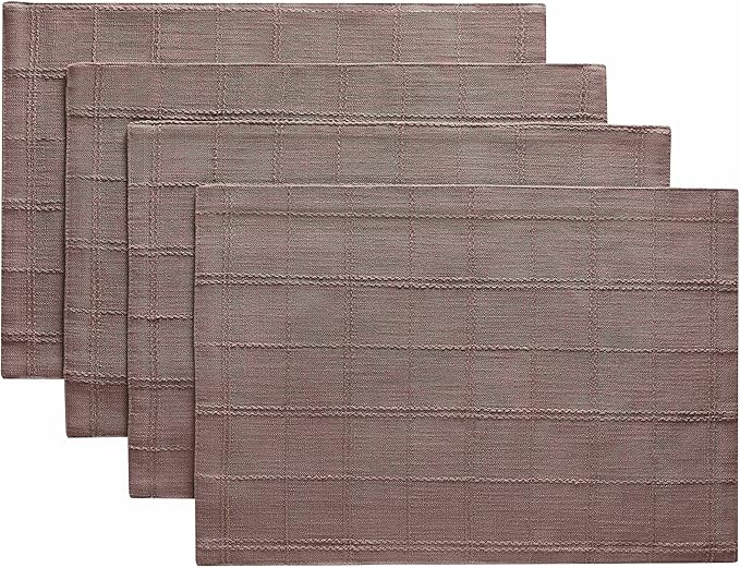 ZeeMart Linen Checked Placemats Set of 4, Plaid Embroidery Textured Table Mats, Double Layer Thick Farmhouse Rustic Place Mats for Kitchen Dining Table Home Decor, Cocoa Brown 13x19 Inch