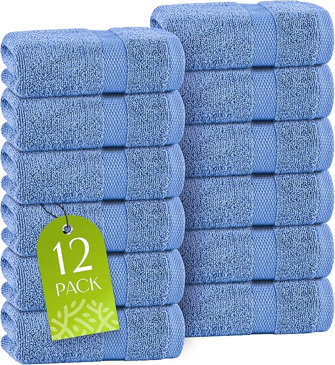 White Classic Light Blue Washcloths Set for Body and Face Towel, Cotton Wash Cloths Bulk 12 Pack, Spa Fingertip Wash Clothes 12x12 Inch, Soft Absorbent Gym Towels