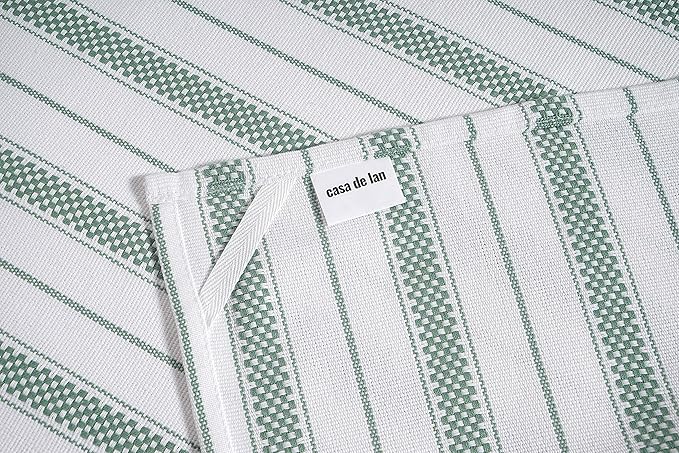 Kitchen Towels Set – Pack of 3 (20’’ x 30’’) Extra Large Premium Cotton Dish Towels for Kitchen – Chain Stripe Towels – Absorbent – 100% Cotton – with Hanging Loop – Olive