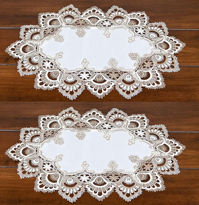 LINENS ART AND THINGS Lace Placemats Cocoa Earth Tone and White Jacquard European Peacock Dresser Scarf Doily (12Wx21L Set of 2)