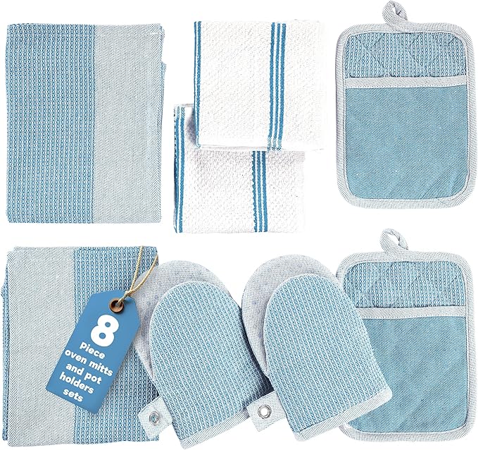 Casa Platino Silicone Oven Mitts Set, 8-Piece – 500°F Heat Resistant Mini Oven Mitt, Potholders for Kitchens, 2 Kitchen Towels & 2 Dish Cloths – Durable, Non-Slip & Machine Washable – Cornflower