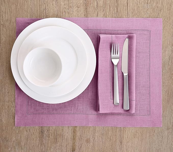 Solino Home Linen Cloth Placemats Set of 4-100% Pure Linen Hemstitch Violet Placemats 14 x 19 Inch - Classic Hemstitch Table Place Mats for Mothers Day, Spring, Summer