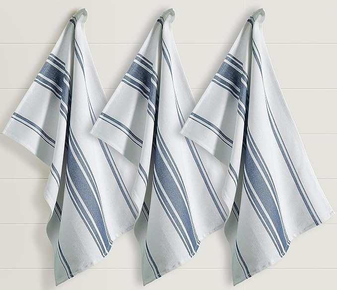 Kitchen Towels Set – Pack of 3 (20’’ x 30’’) Extra Large Premium Cotton Dish Towels for Kitchen – Super Striped Towels – Absorbent – 100% Cotton – with Hanging Loop – Blue Grey