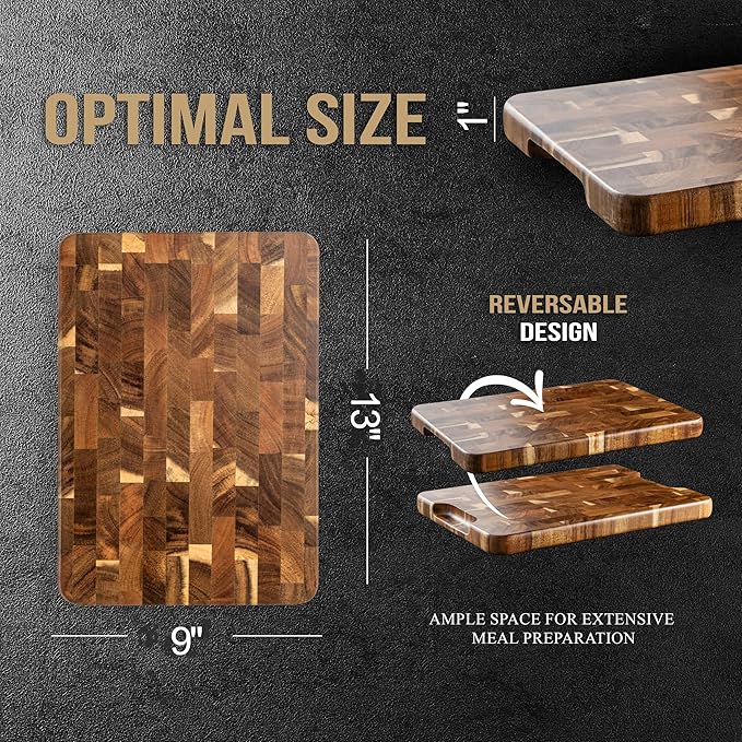 James.F End Grain Cutting Boards, Wooden Cutting Board for Kitchen with Side Handles, Acacia Wood Butcher Block Chopping Board for Meat Bread (13"x9"x1")