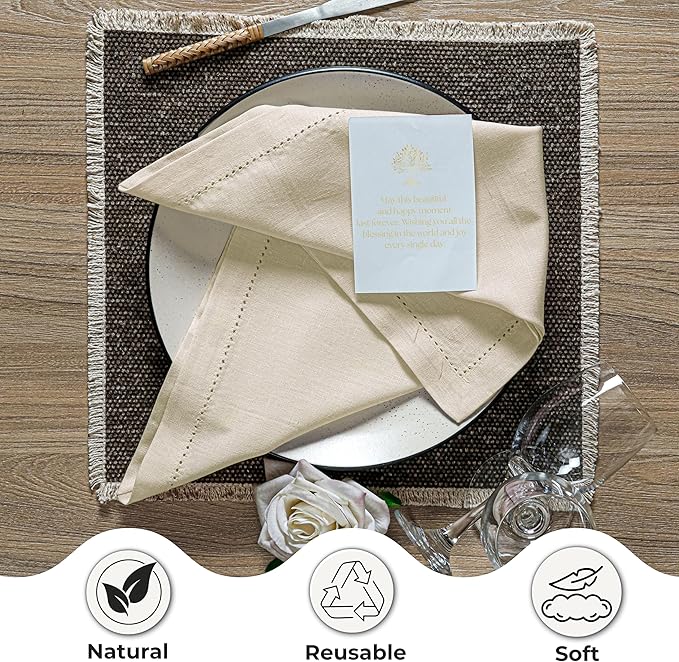 Ramanta Home Decorative Cloth Dinner Napkins Set of 4, 20x20 Inch Natural Hemstitched Flax Cotton Napkins with Mitered Corners, Oversized Use, Parties, Weddings, Spring, Easter Cloth Napkins