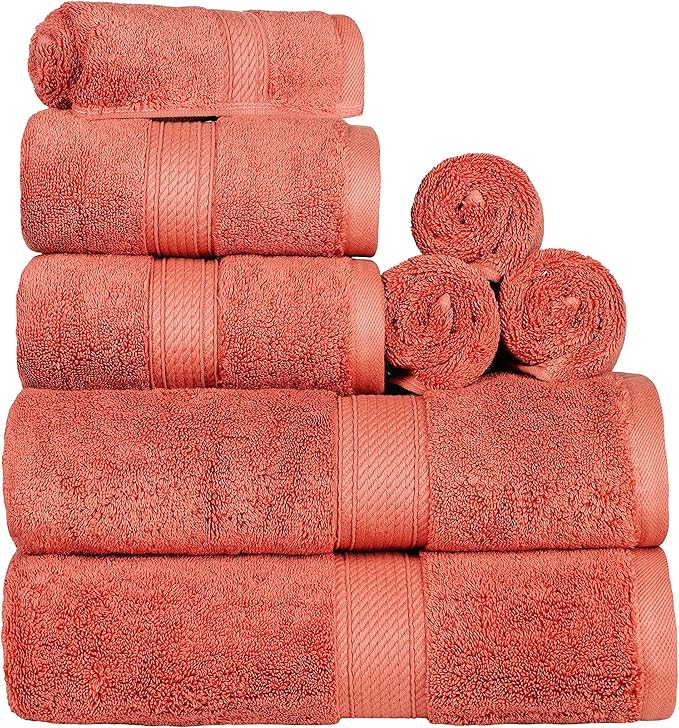 SUPERIOR Egyptian Cotton Pile 8 Piece Towel Set, Includes 2 Bath, 2 Hand, 4 Face Towels/Washcloths, Ultra Soft Luxury Towels, Thick Plush Essentials, Guest Bath, Spa, Hotel Bathroom, Coral