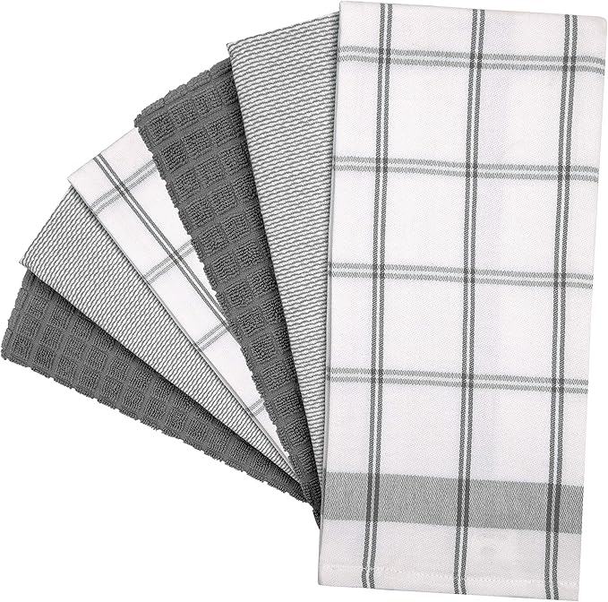 Premium Kitchen Towels (20”x 28”, 6 Pack) | Large Cotton Dish Towels | Flat & Terry Highly Absorbent Kitchen Linen Set with Hanging Loop | Grey Check