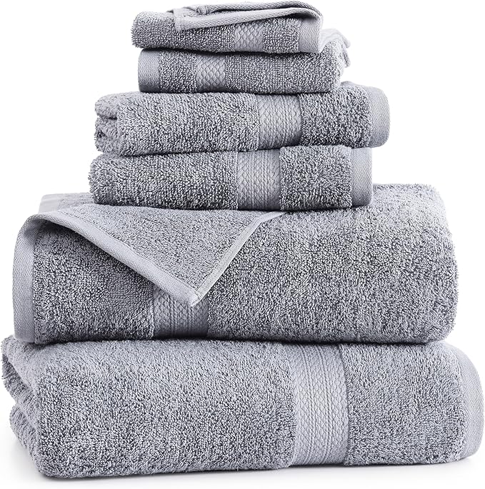 LANE LINEN 100% Cotton Turkish Towel Set for Bathroom - 6 Piece - Super Soft, Quick Dry & Highly Absorbent - 2 Bath, 2 Wash cloths, 2 Hand Towels - Hotel Quality, Durable & OEKO-TEX Certified - Grey