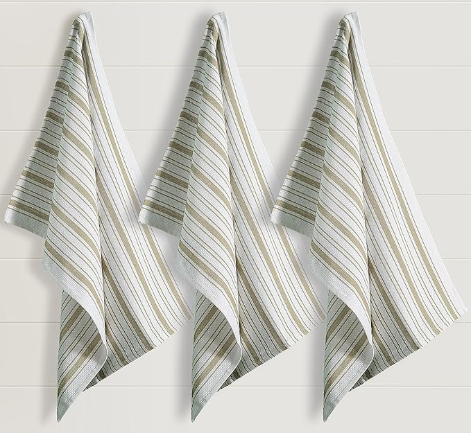 Kitchen Towels Set – Pack of 3 (20’’ x 30’’) Extra Large Premium Cotton Dish Towels for Kitchen – Basket Weave Towels – Absorbent – 100% Cotton – with Hanging Loop – Taupe