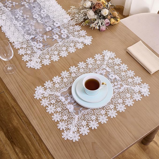 White Floral Grey Silver Leaves Lace Placemats 14”x20” Set of 2, Table Topper Dresser Scarf Place Mats (Set of 2, White & Grey)