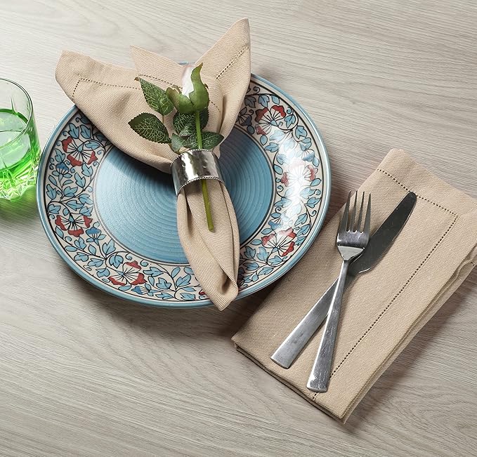 Fingercraft Cloth Napkins, Dual Color Hemstitched Design Dinner Napkins, Everyday Use,Premium Quality Cotton Napkins Perfect for Parties Dinners Weddings Christmas Set of 12, 20 inch Ivory White
