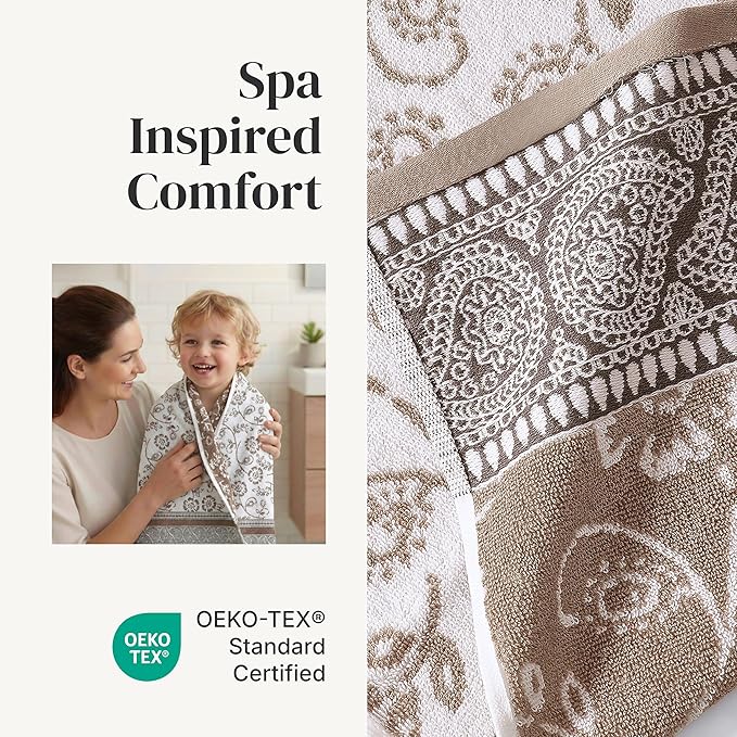 Modern Threads Floral Trail 6-Piece 100% Cotton Towel Set – Reversible Yarn Dyed Jacquard – Includes 2 Bath Towels, 2 Hand Towels, 2 Washcloths – Absorbent, Quick Dry, Soft & Durable – Taupe Brown