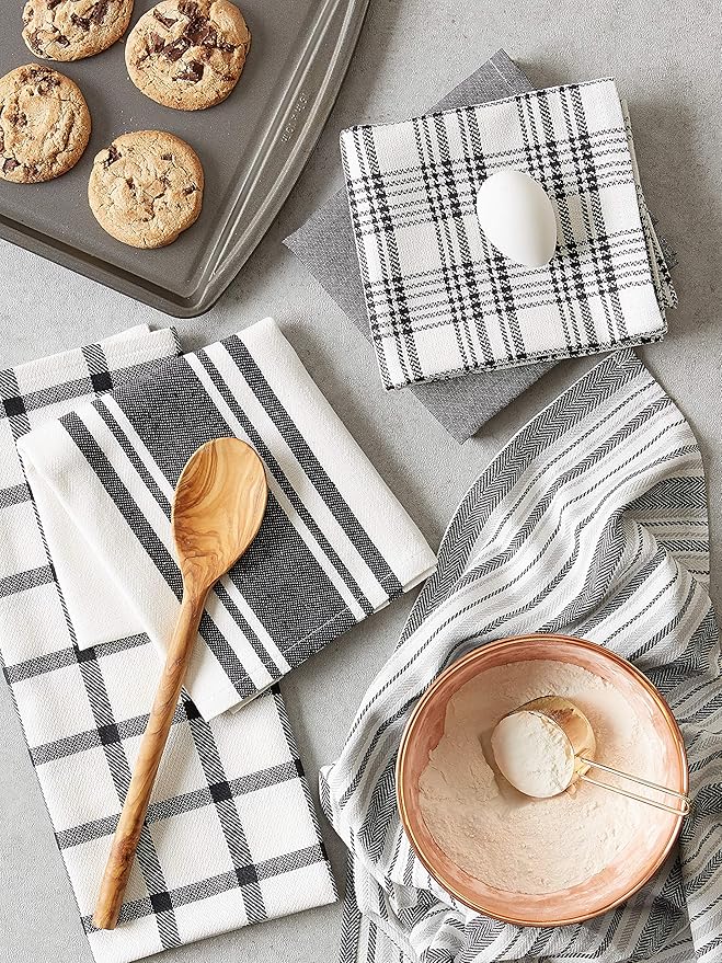 DII Assorted Woven, Kitchen Dishtowel Set, 18x28, Black, 5 Piece