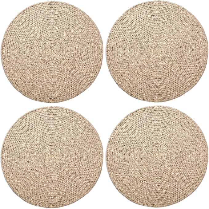 Encasa XO Dining Placemats Set of 4 | Cotton Round Table Mat - 13 in Diameter | Beige | Handmade Rib Style Chargers for Dinner Plates