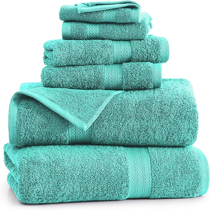 LANE LINEN 100% Cotton Bath Towel Set - 6 Pieces - Softer, Durable & Highly Absorbent - 2 Bath, 2 Wash cloths, 2 Hand Towels for Bathroom - Family Set, Premium Quality & OEKO-TEX Certified - Teal