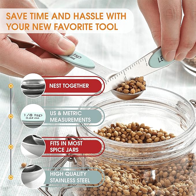 Spring Chef Stainless Steel Magnetic Measuring Spoons Set of 8 with Leveler, Metal Teaspoon & Tablespoon Measuring Spoons, Fits in Spice Jars, Kitchen Gadgets for Baking & Cooking - Set of 2 - Mint