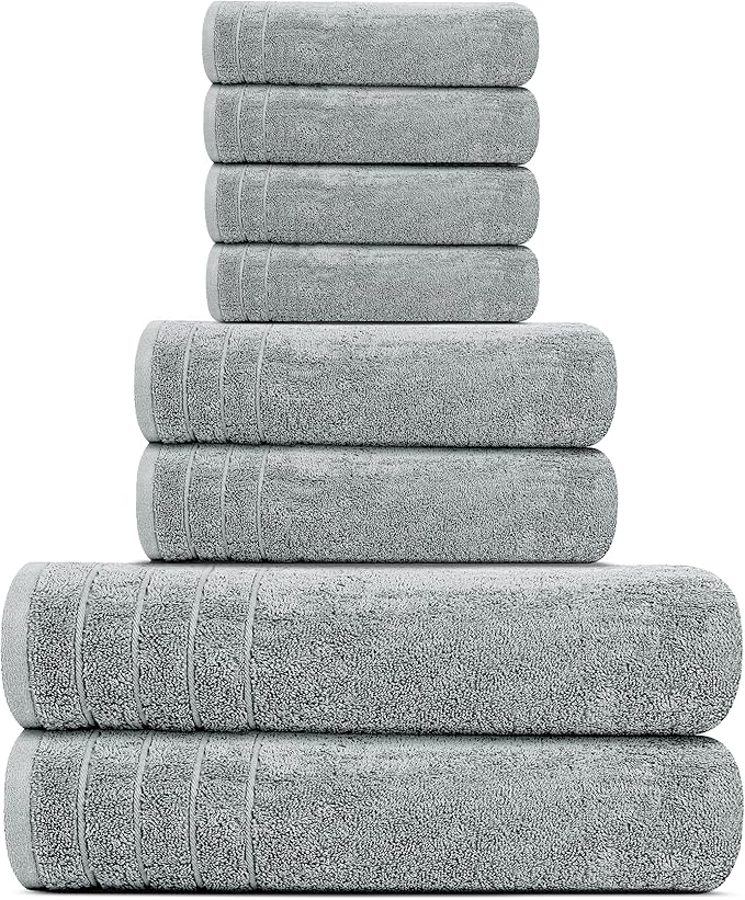 Tens Towels Pack of 8 Towels Set, 2 Extra Large Bath, 2 Hand, 4 Washcloths, 100% Cotton, Lighter Weight, Quicker to Dry, Super Absorbent, Perfect for Bathroom, Cool Grey