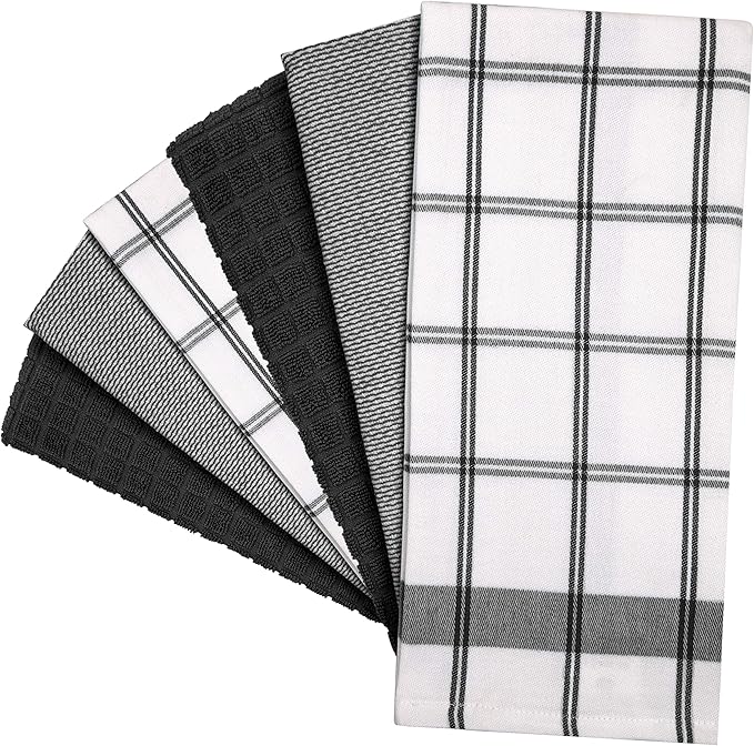 Premium Kitchen Towels (20”x 28”, 12 Pack) | Large Cotton Dish Towels | Flat & Terry Highly Absorbent Kitchen Linen Set with Hanging Loop | Black Check