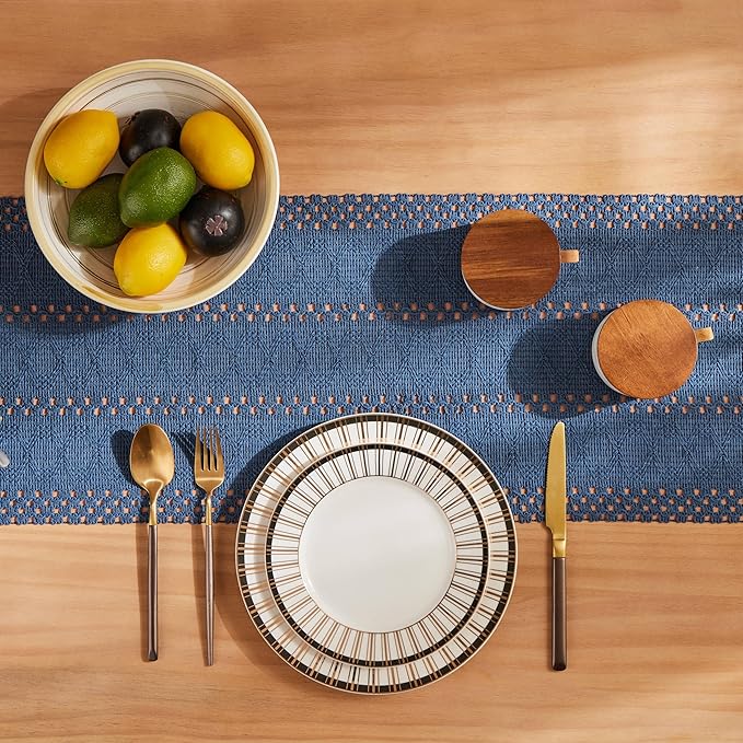 ZeeMart Macrame Style Boho Table Runner, Blue Table Runners 108 Inches Long, Farmhouse Woven Home Decor, 12x108 Inch, Dusty Blue